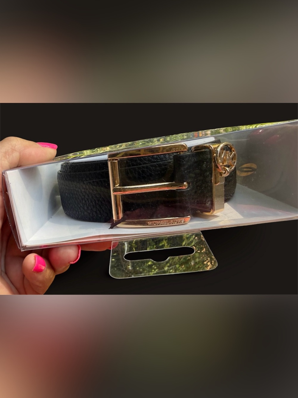 Michael Kors Black Pebbled Leather Belt with Rose Gold Buckle
